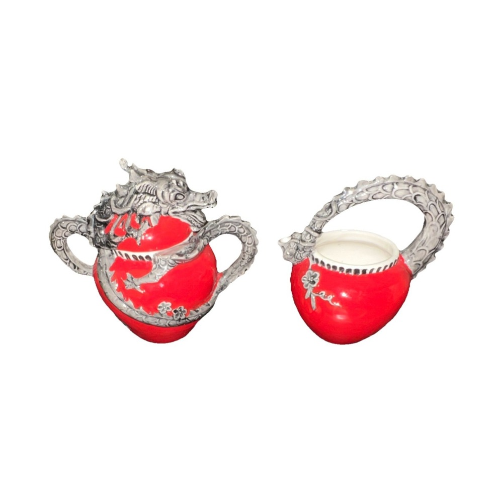 9/Ceramic Red Silver Dragon Creamer & Sugar Set with Lid, Glazed, 3-Piece